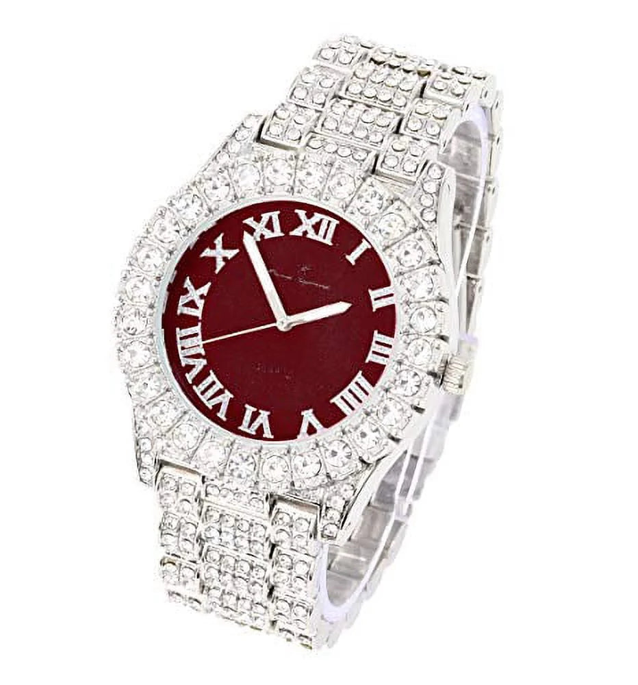 Women's Big Rocks Bezel Colored Dial with Roman Numerals Fully Iced Out Watch - ST10327LA (Silver - Burgundy)