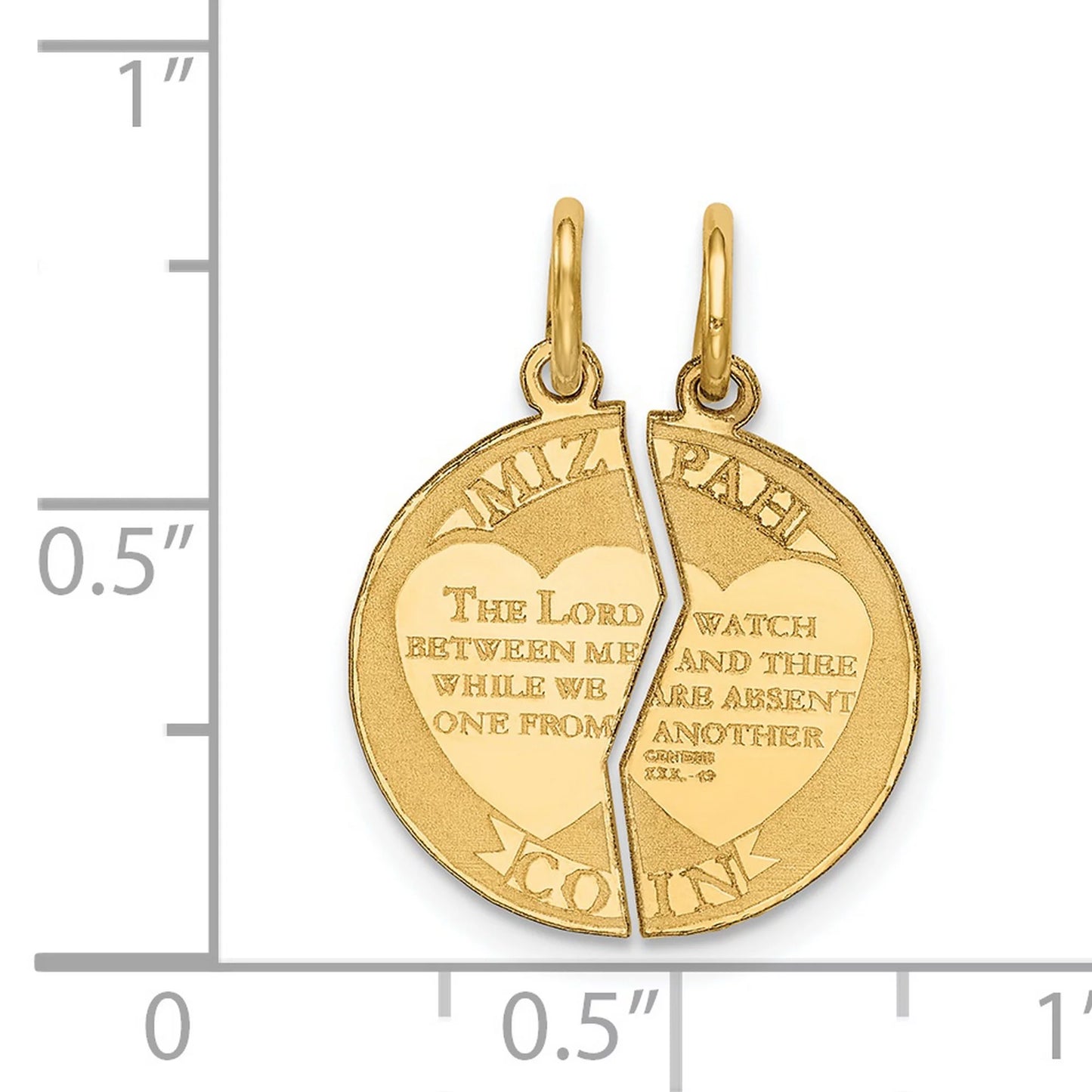 14k Yellow Gold 2-Piece Break Apart Mizpah Coin Emotional Bond Words Genesis 31:49 on Round Pendant 22 mm x 17 mm