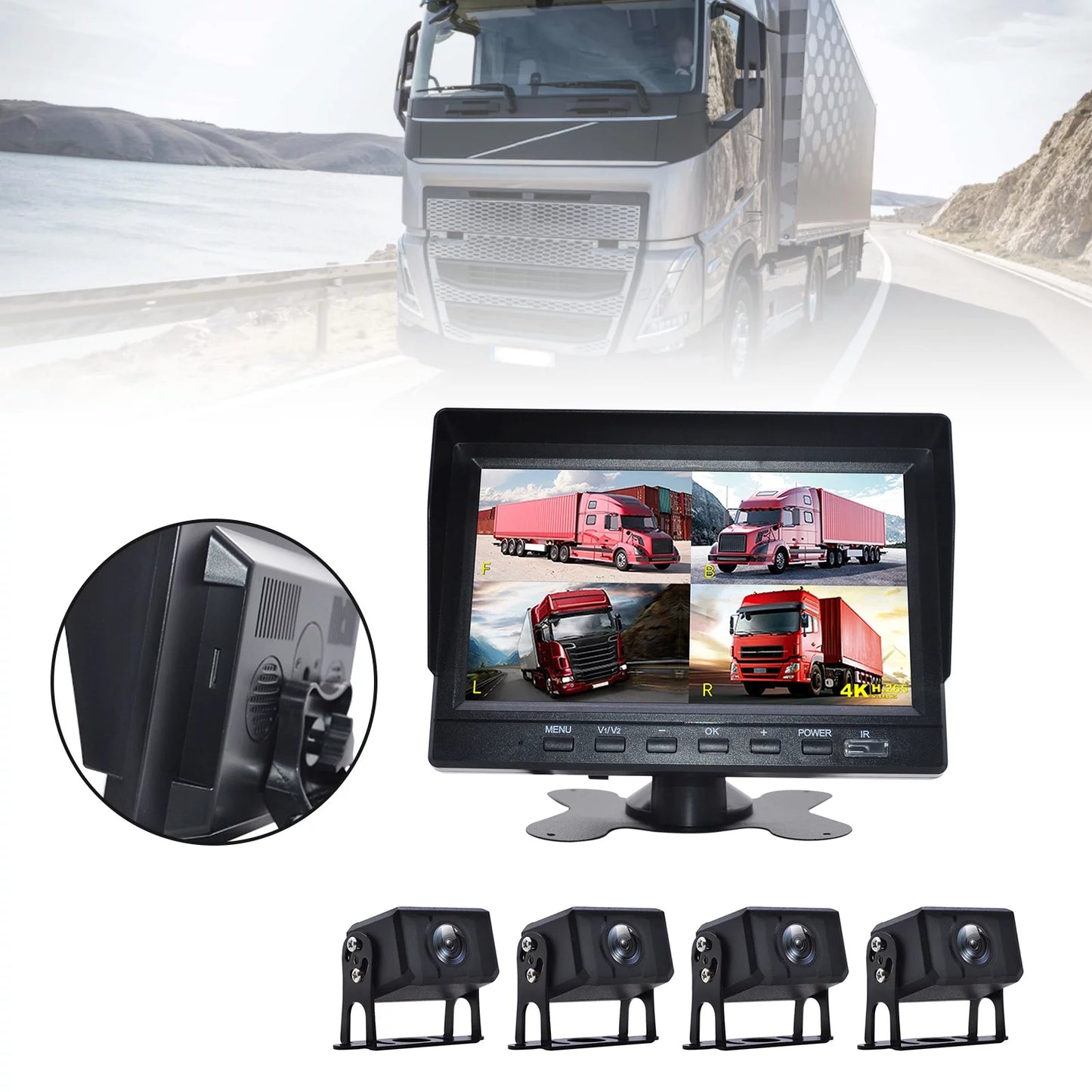 7" Monitor DVR Driving Video Recorder RV Truck Bus+4 Rear View Backup Camera B