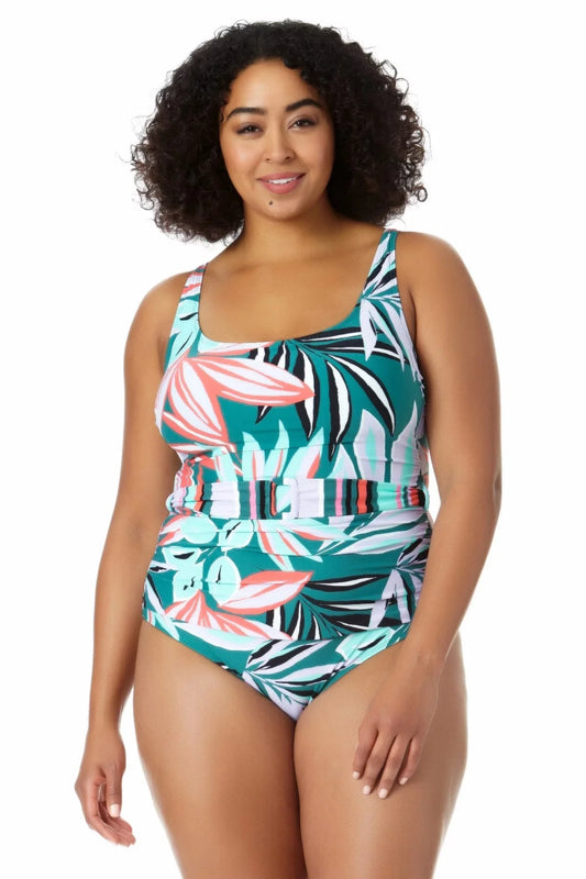 Anne Cole Women's Zesty Tropical Belted Scoop Neck One Piece Swimsuit Multi Size 16W