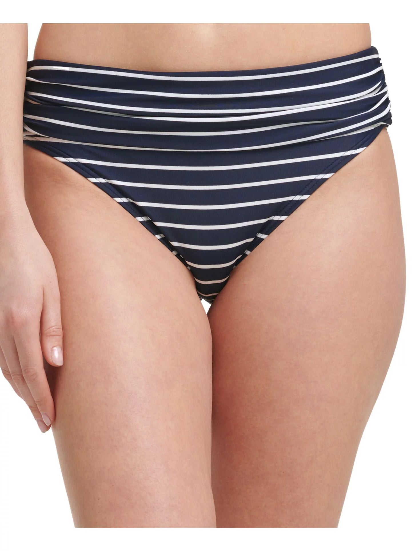 TOMMY HILFIGER Women's Navy Striped Stretch Fold-Over Lined Moderate Shield UV Protection Bikini Swimsuit Bottom L