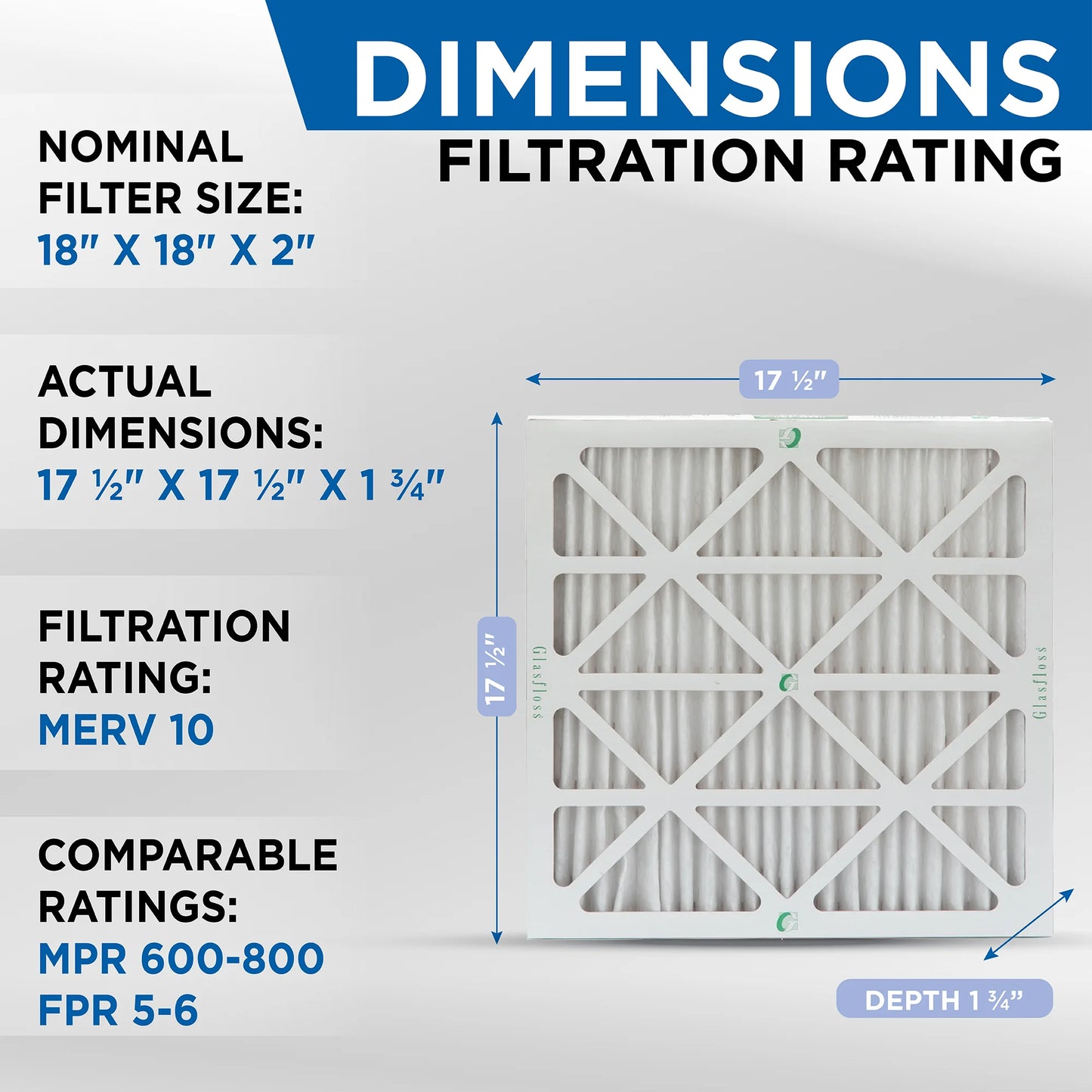 12 Pack of 18x18x2 MERV 10 Pleated 2" Inch Air Filters by Glasfloss. Actual Size: 17-1/2 x 17-1/2 x 1-3/4