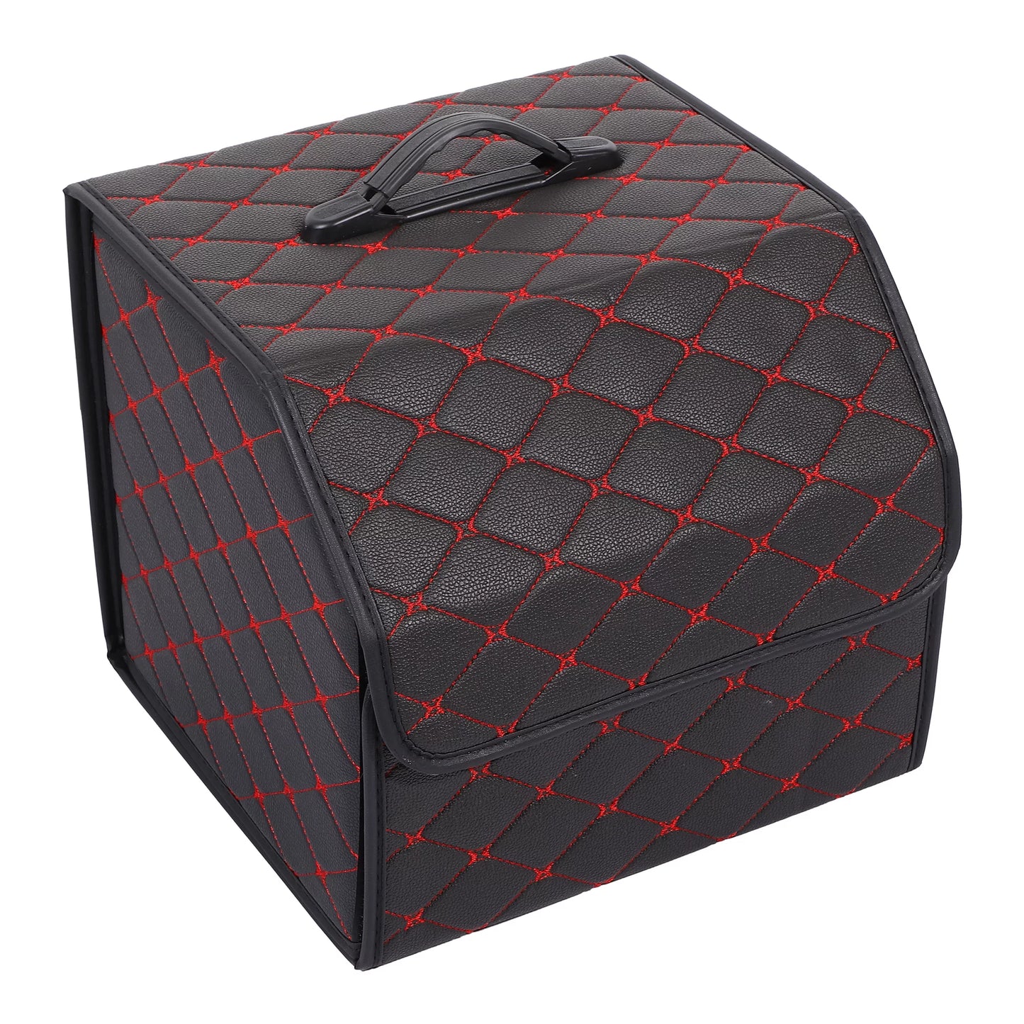 33x31x29cm Black PU Leather Car Storage Bag Trunk Organiser Foldable Boot Bag with Handle Truck SUV Red Stitches