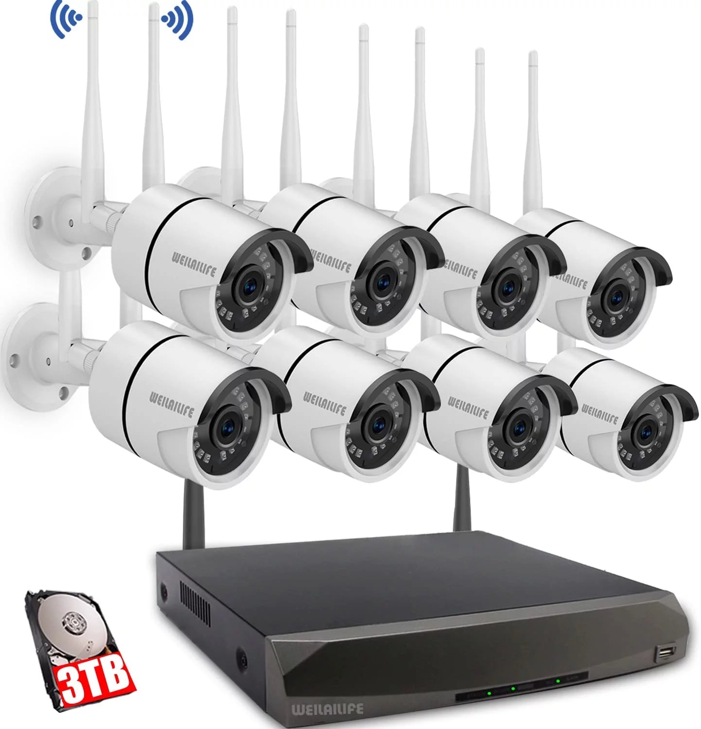 [Dual Antennas 3TB Hard Drive] Outdoor/Indoor Wireless Security camera 8 CH Wireless Surveillance Camera System and 8Pcs 1080P proof IP Camera