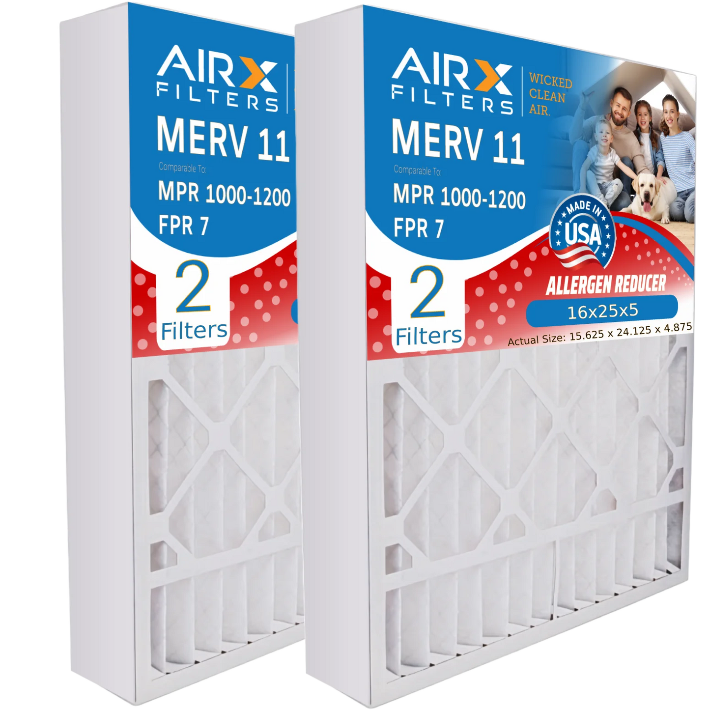 16x25x5 Air Filter MERV 11 Comparable to MPR 1000, MPR 1200 & FPR 7 with Skuttle #000-0448-001 DB-25-16 Premium USA Made 16x25x5 Furnace Filter 2 Pack by AIRX FILTERS WICKED CLEAN AIR.