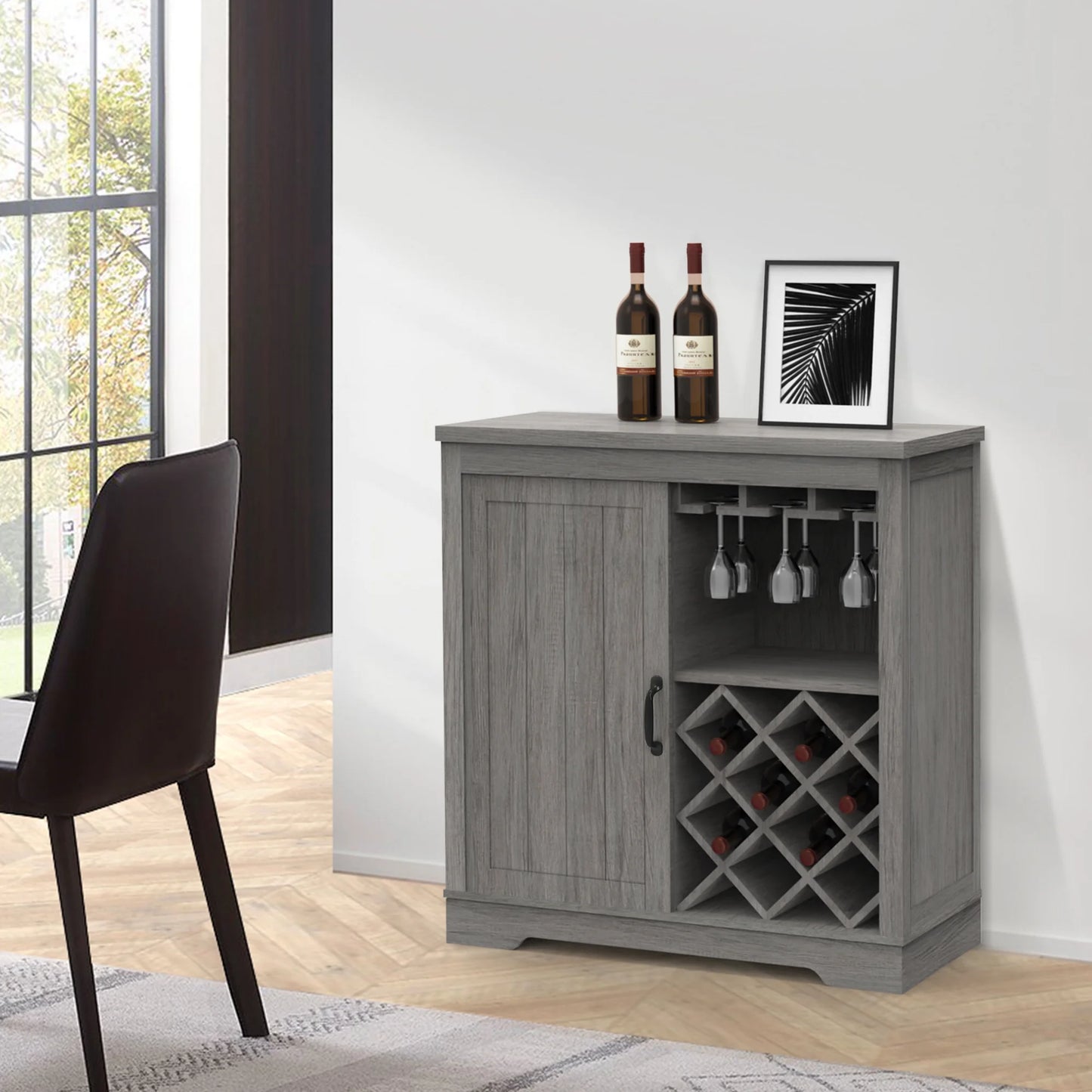 ABBSR Gray Wooden Wine Bar Storage Cabinet with Glass Holder,Wine Rack,Large Table Decor