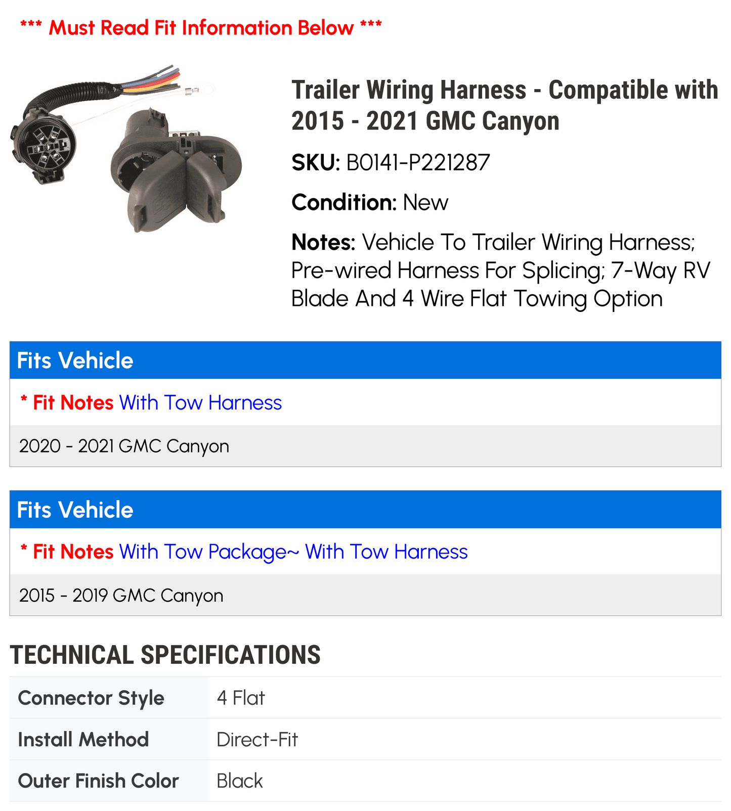 Trailer Wiring Harness - with 2015 - 2021 GMC Canyon 2016 2017 2018 2019 2020