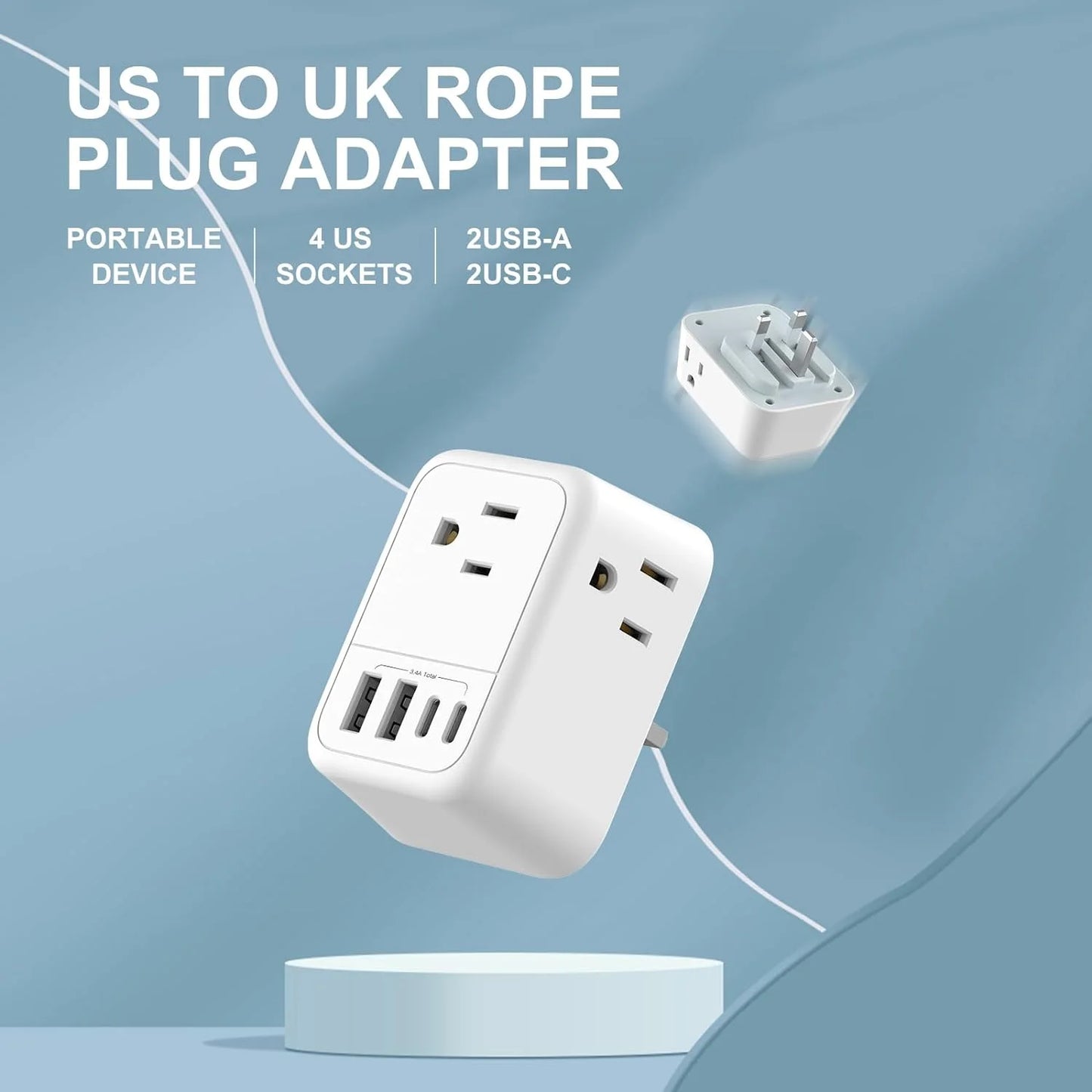 US to UK Plug Adapter, Foldable UK Travel Plug Adapter, Type G Power Adapter with 4 Outlets 4 USB Ports(2 USB C) Travel Essentials Plug with Bag USA to Qatar Ireland England Kenya Dubai London