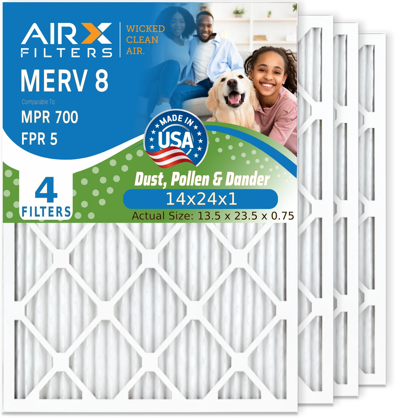 14x24x1 Air Filter MERV 8 Comparable to MPR 700 & FPR 5 Electrostatic Pleated Air Conditioner Filter 4 Pack HVAC AC Premium USA Made 14x24x1 Furnace Filters by AIRX FILTERS WICKED CLEAN AIR.