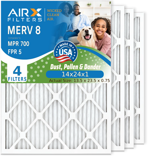 14x24x1 Air Filter MERV 8 Comparable to MPR 700 & FPR 5 Electrostatic Pleated Air Conditioner Filter 4 Pack HVAC AC Premium USA Made 14x24x1 Furnace Filters by AIRX FILTERS WICKED CLEAN AIR.