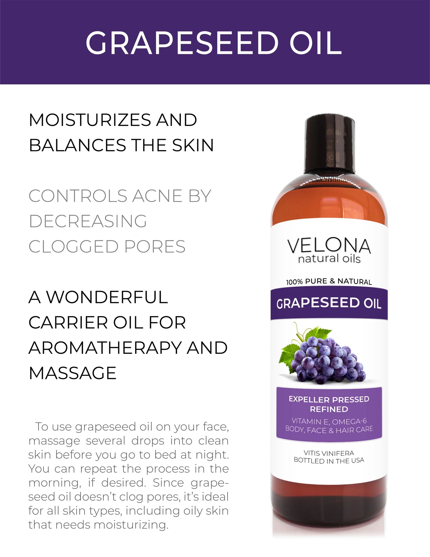 Velona Grapeseed Oil - 64 oz | 100% Pure and Natural Carrier Oil | Refined, Cold pressed | Cooking, Skin, Face, Body, Hair Care