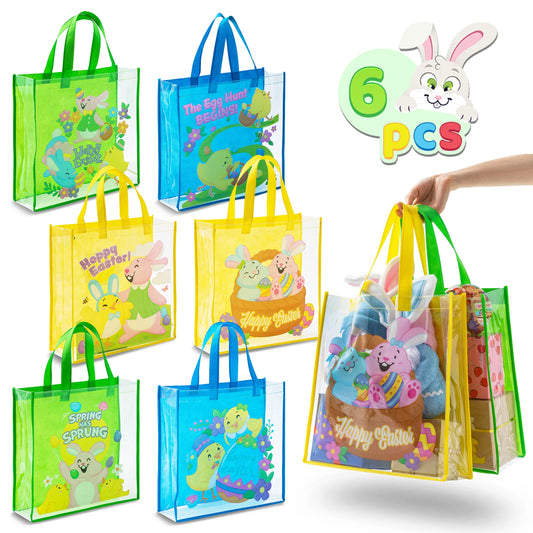 Syncfun 6 Pcs Easter Gift Bags Kids, Large Goodie Reusable Tote Treat Bags with Handles Easter Egg Hunt, Easter Party Favors Supplies