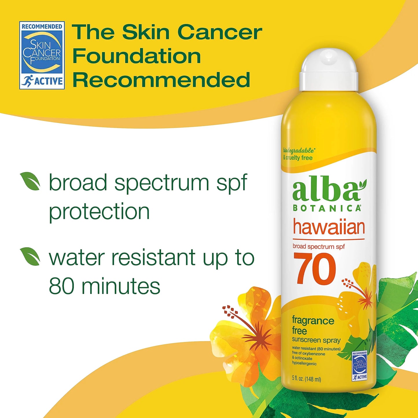 Alba Botanica Sunscreen For Face And Body, Fragrance-Free Hawaiian Sunscreen Spray, Broad Spectrum Spf 70 Sunscreen, Water And Biodegradable, 5 Fl. Oz. Bottle