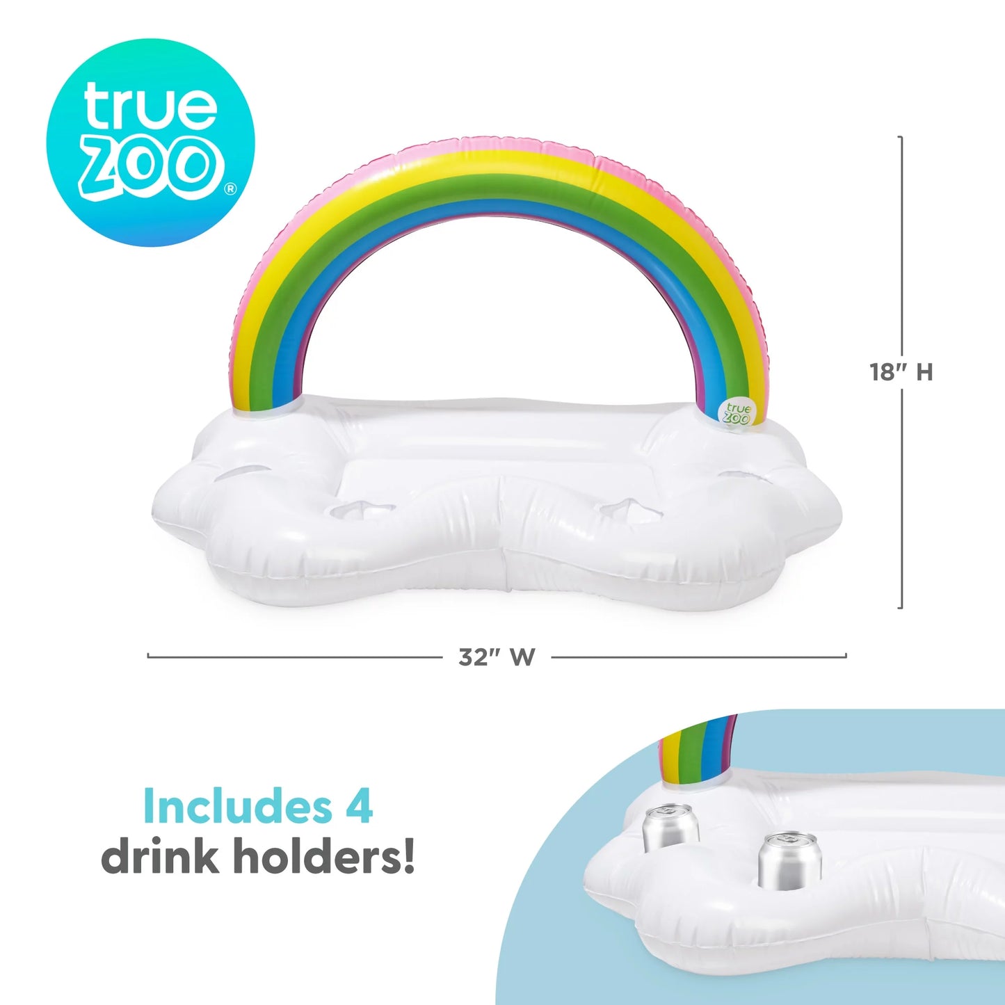 TrueZoo Rainbow Floating Bar Pool Party Inflatable Cup Holders and Cooler, Colorful Cloud Ice Box Drink Floatie, Set of 1