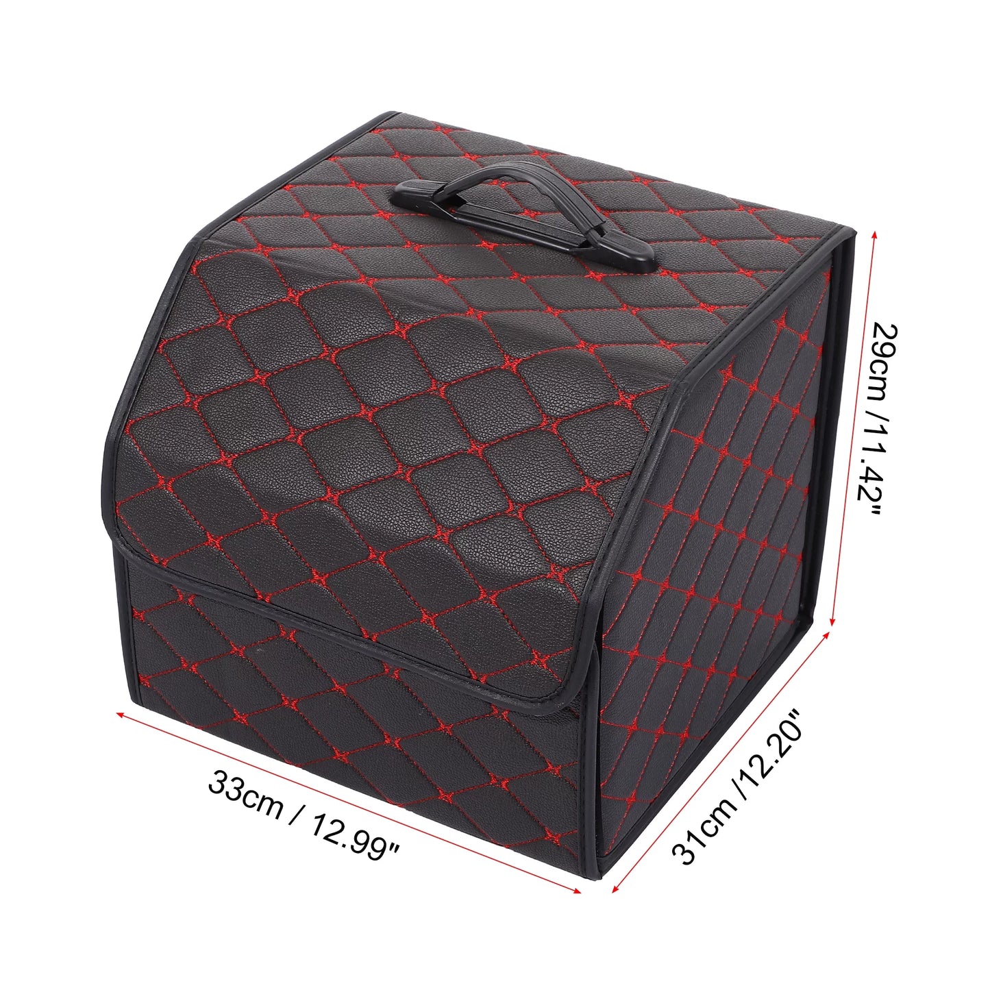 33x31x29cm Black PU Leather Car Storage Bag Trunk Organiser Foldable Boot Bag with Handle Truck SUV Red Stitches