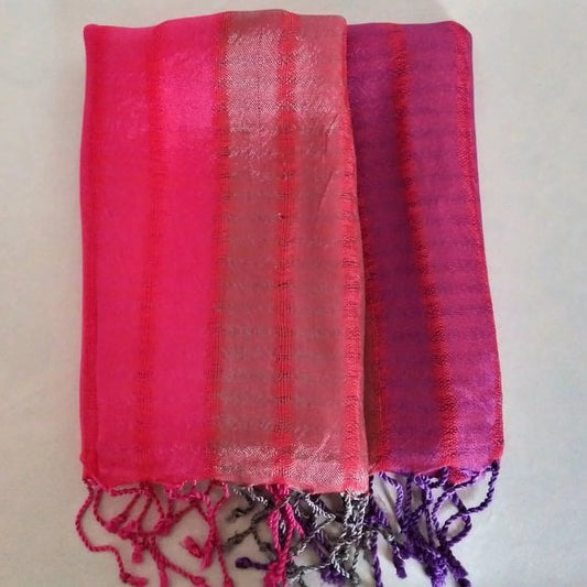 Tricolor Thick Striped Vegan Silk Shawl - Pink/Purple