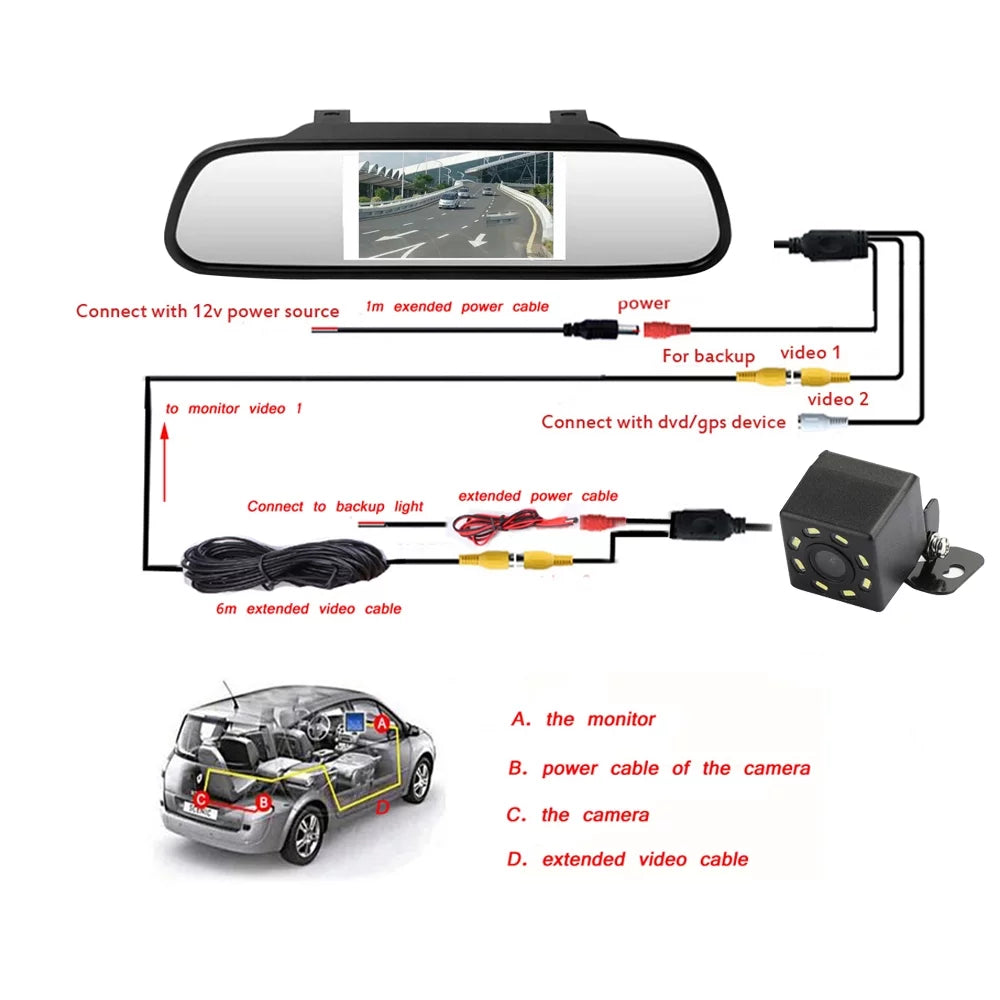 8 LED Reverse Parking Camera + 4.3" Car Mirror Monitor Kit Vehicle System