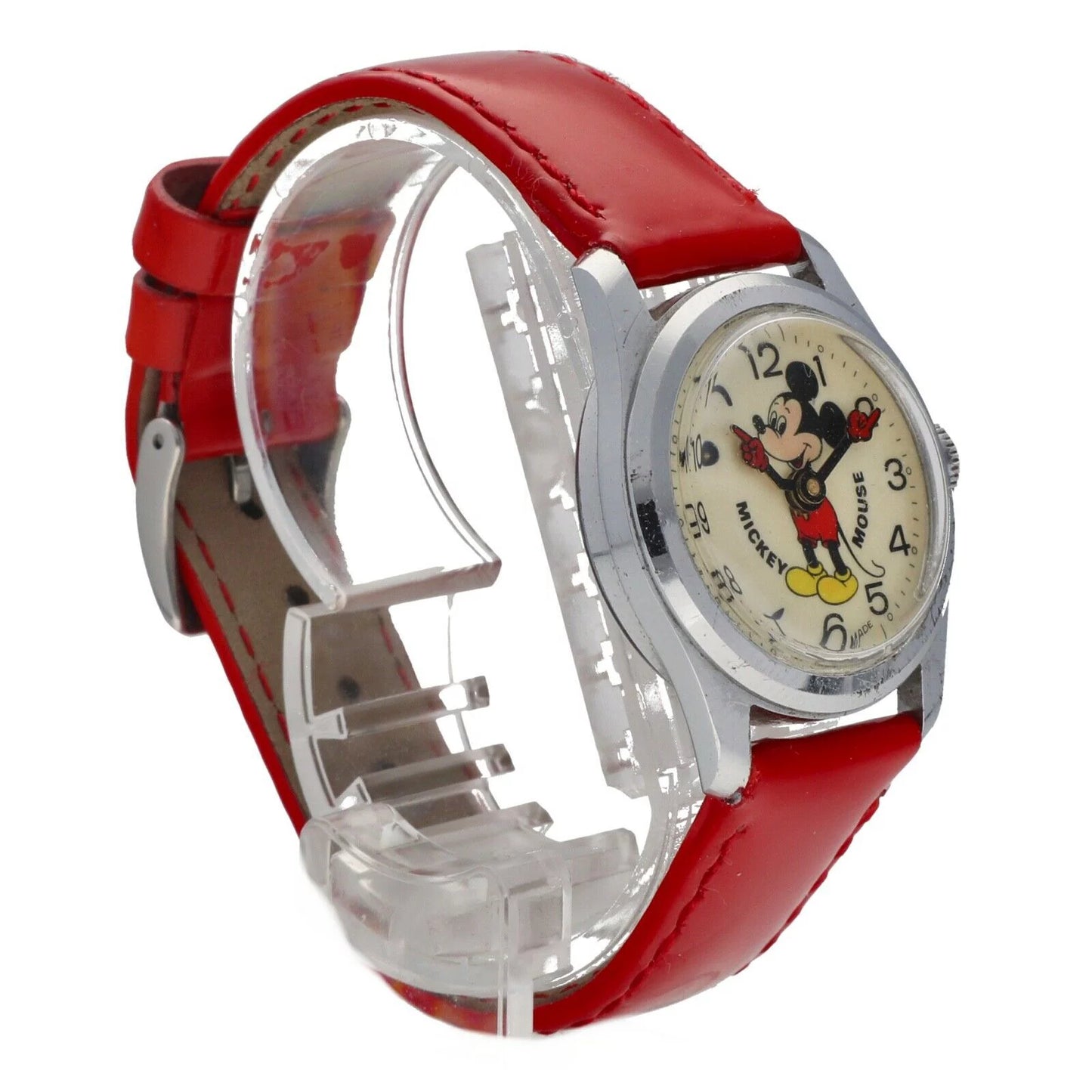 Vintage Mickey Mouse 29mm Base Metal Red Leather Swiss Manual Wind Women&#039;s Watch