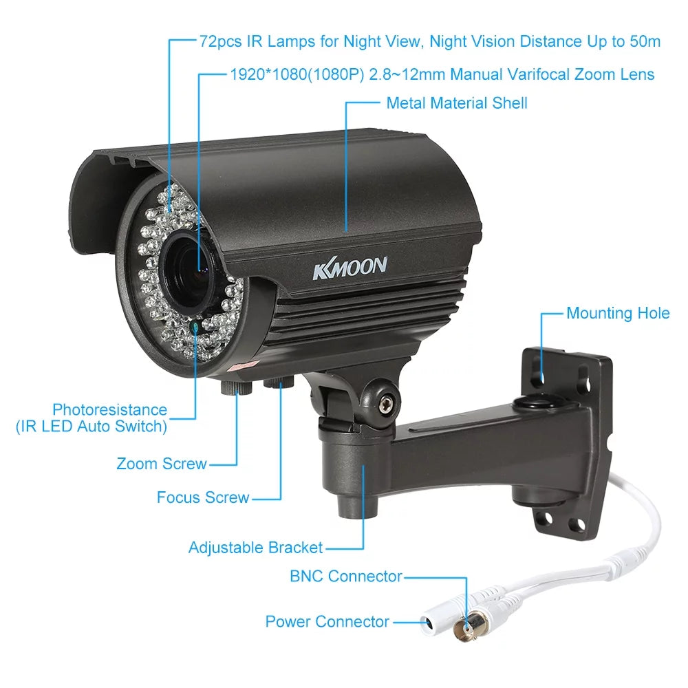 1080P AHD CCTV Analog Camera with 2.8~12mm Manual Zoom Varifocal Lens - 1/3” Sony CMOS 2.0MP, IR-CUT 72 IR LEDs, Night Vision, proof, Indoor Use, PAL System