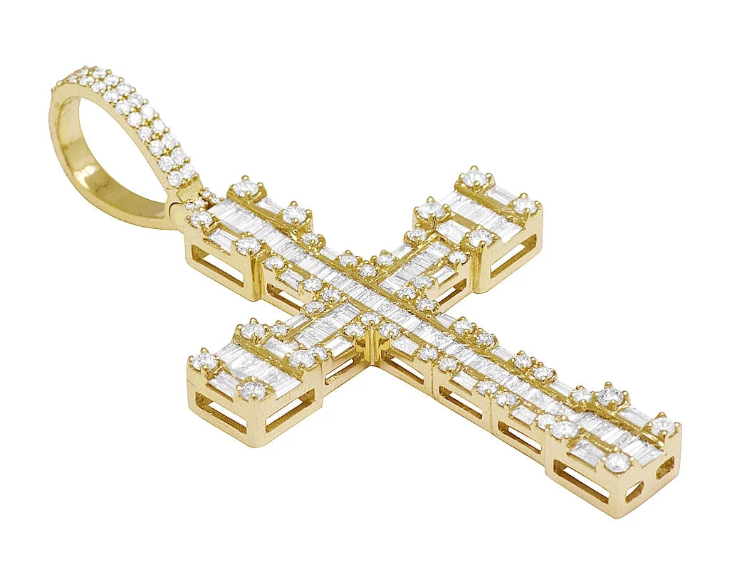 10K Gold Baguette Diamond Cross 1.5" 2.75CT-Yellow Gold