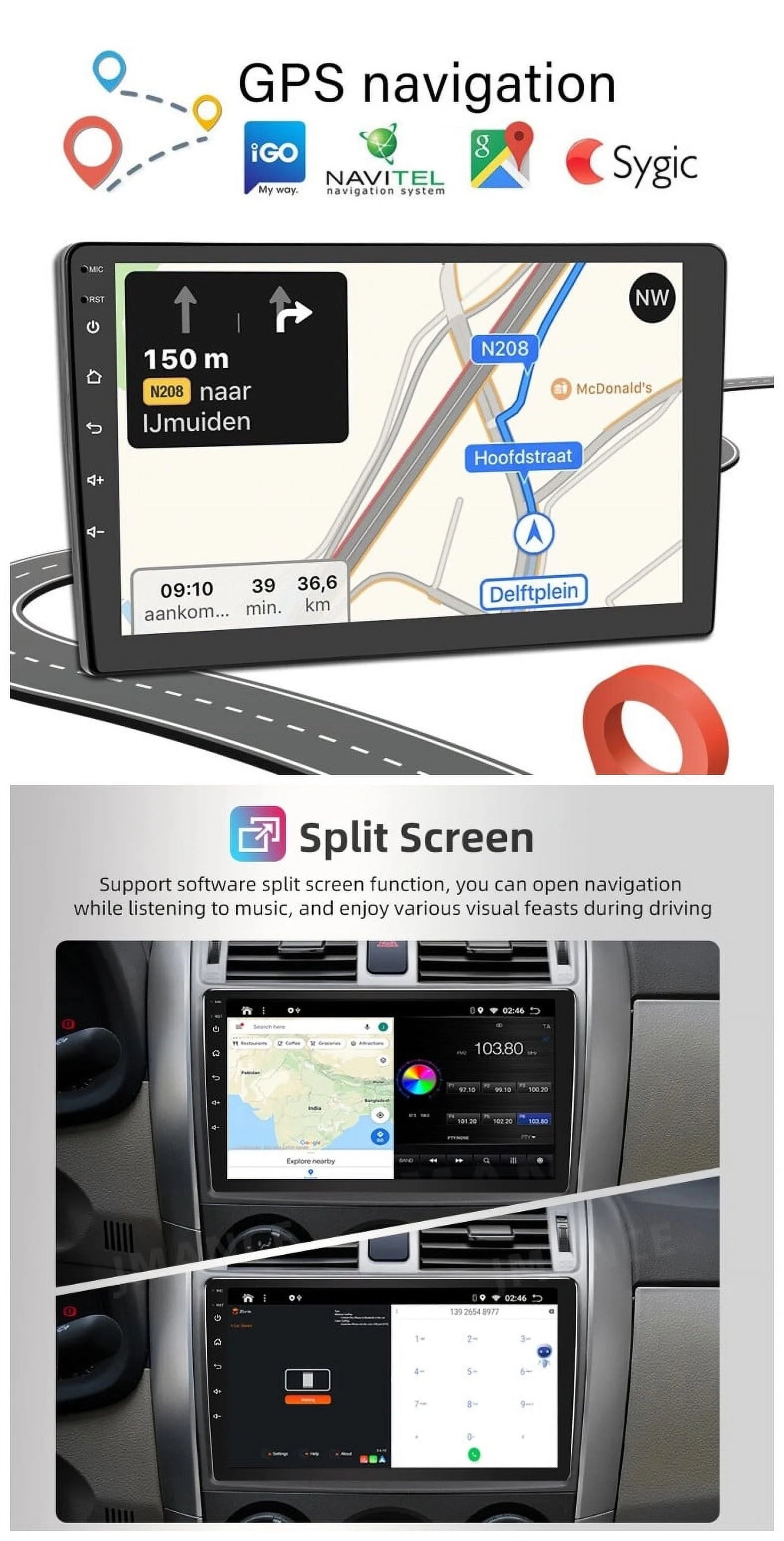 Android 2+32GB Car Stereo Wireless Carplay Android Auto Double Din Radio 10.1" 1280*720 IPS Screen WiFi GPS Navigation Bluetooth USB FM/RDS Receiver AHD Backup Camera