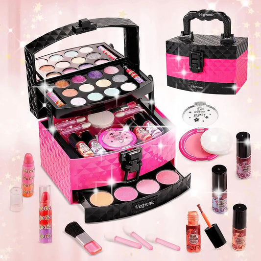 Vextronic Girls Makeup Toy Set Washable Kids Makeup Kit Girl, Pretend Play Makeup Kit Kids, Non-Toxic, Real Cosmetic Toy Beauty Set Kids Birthday Pink