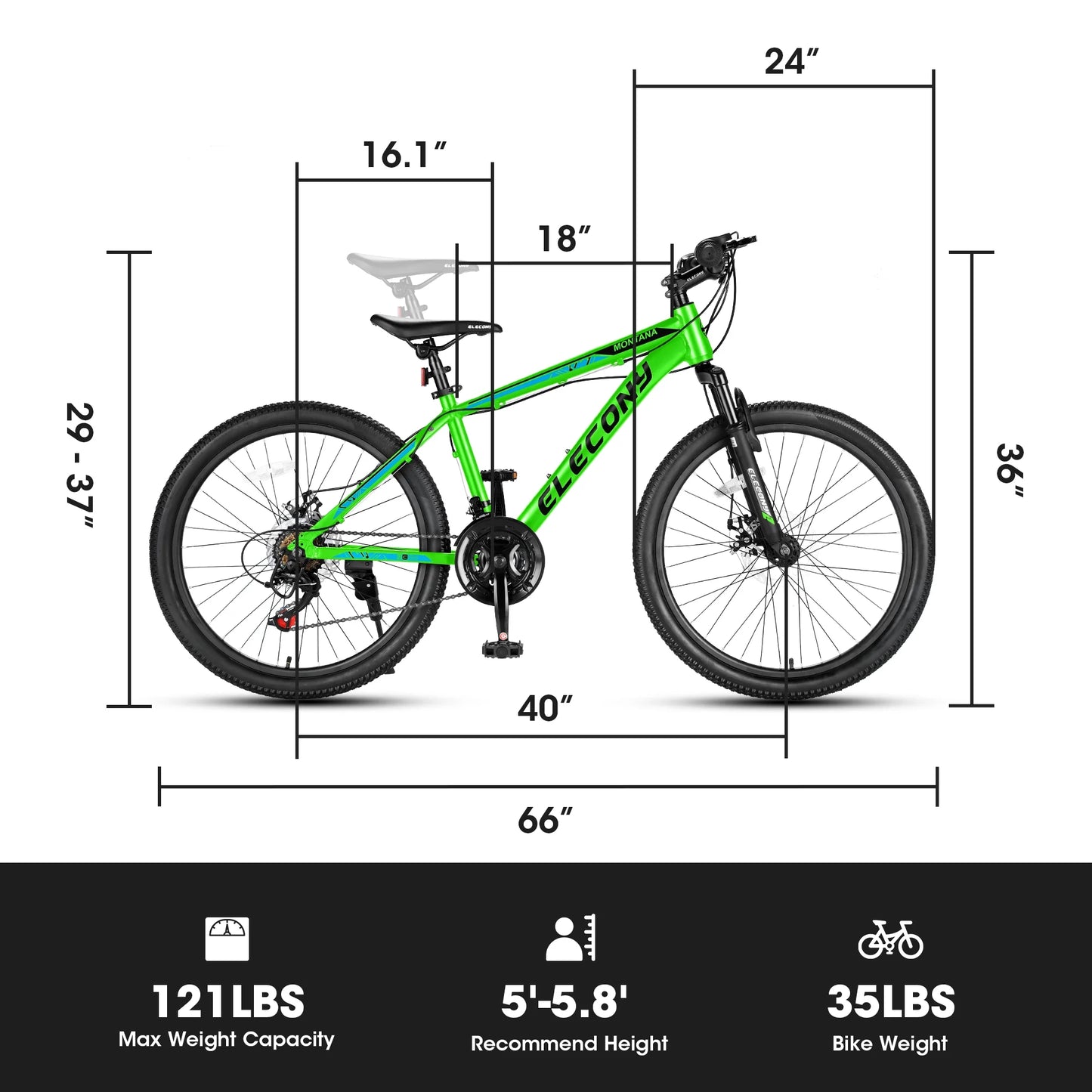 A24299 Rycheer Elecony 24 inch Mountain Bike Bicycle Adults Aluminium Frame Bike Shimano 21-Speed with Disc Brake