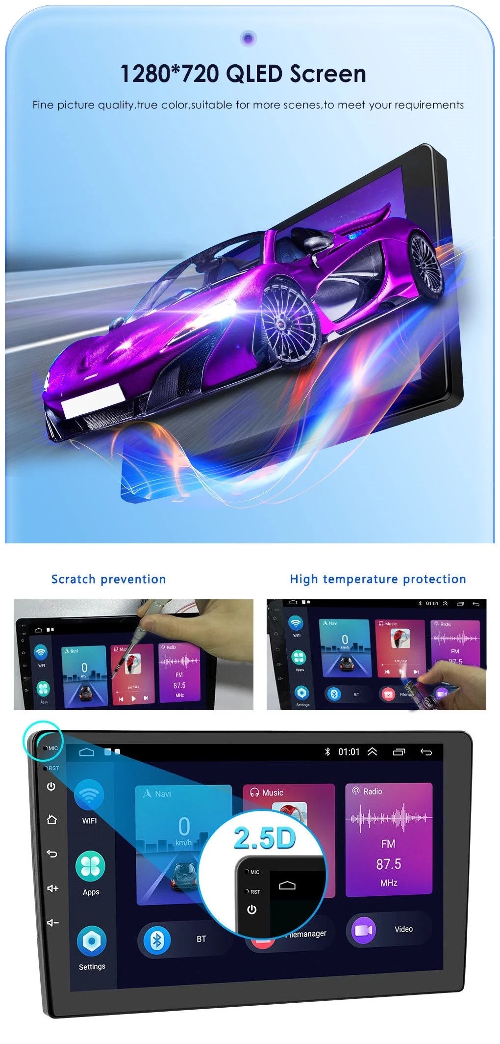 Android 2+32GB Car Stereo Wireless Carplay Android Auto Double Din Radio 10.1" 1280*720 IPS Screen WiFi GPS Navigation Bluetooth USB FM/RDS Receiver AHD Backup Camera