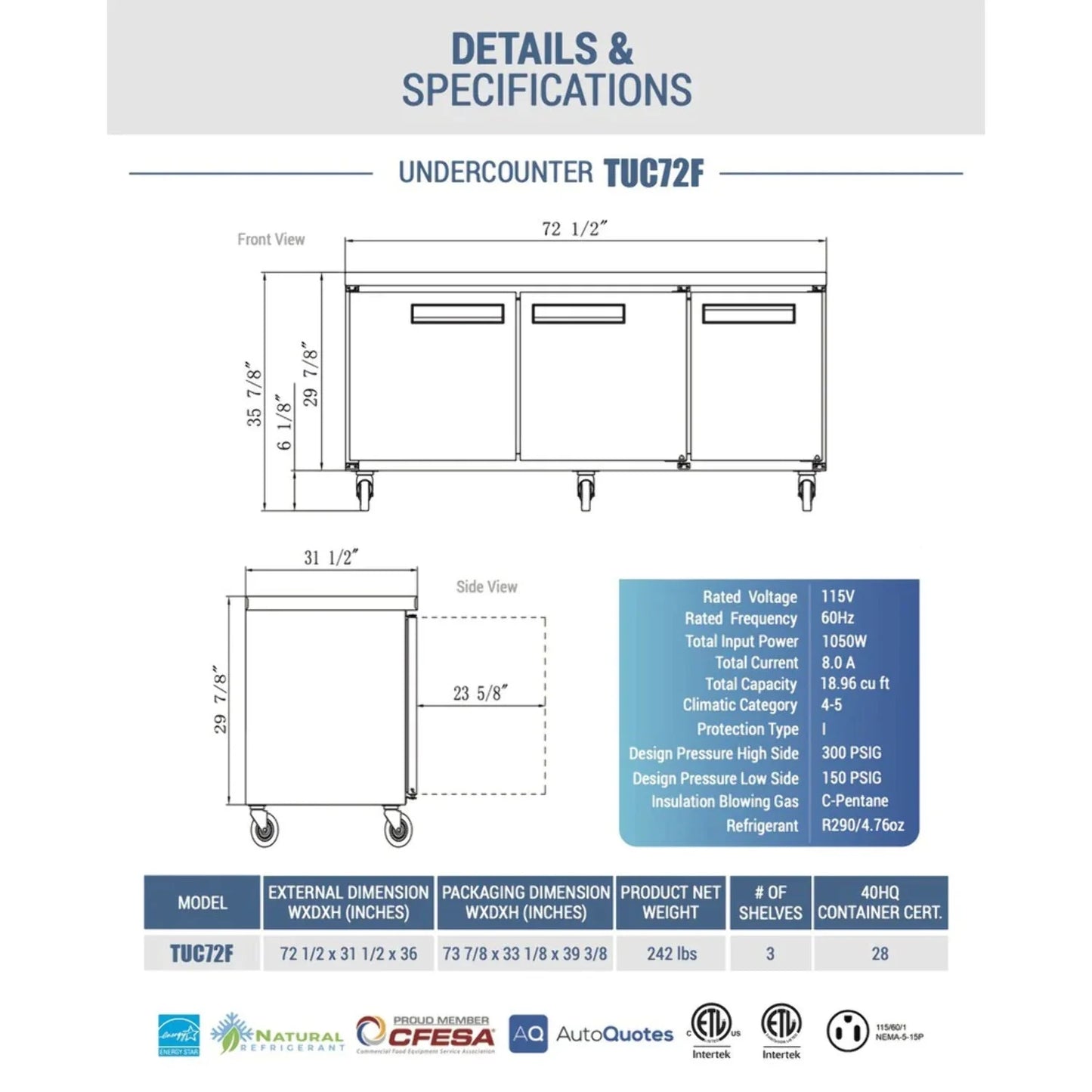 West Kitchen WDUC72F 72 Undercounter 3 Door Worktop Freezer