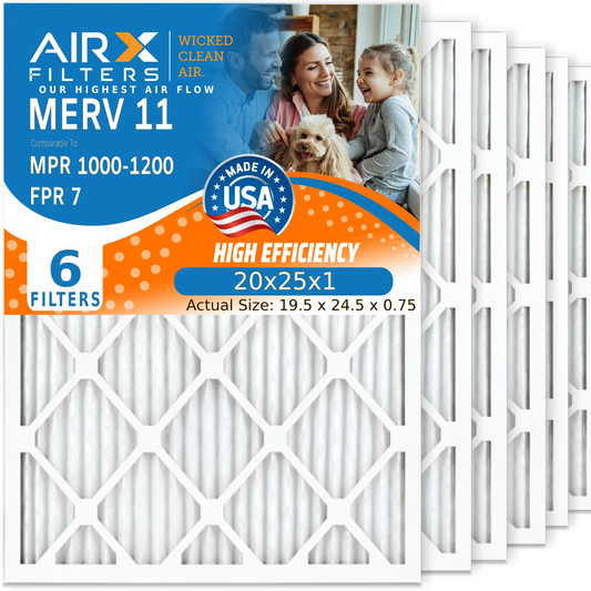 20x25x1 Air Filter MERV 11 Comparable to MPR 1000, MPR 1200 & FPR 7 Electrostatic Pleated Air Conditioner Filter 6 Pack HVAC Premium USA Made 20x25x1 Furnace Filters by AIRX FILTERS WICKED CLEAN AIR.