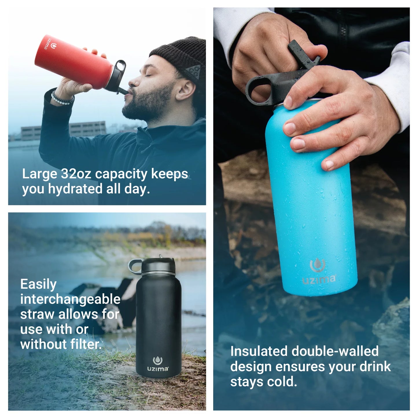 Uzima - Z-Source Filtered Water Bottle Hiking, Backpacking, Camping, and Travel. Water Purification on the Go. Large 32oz Capacity with Double-Walled Stainless Steel Exterior. (Black)