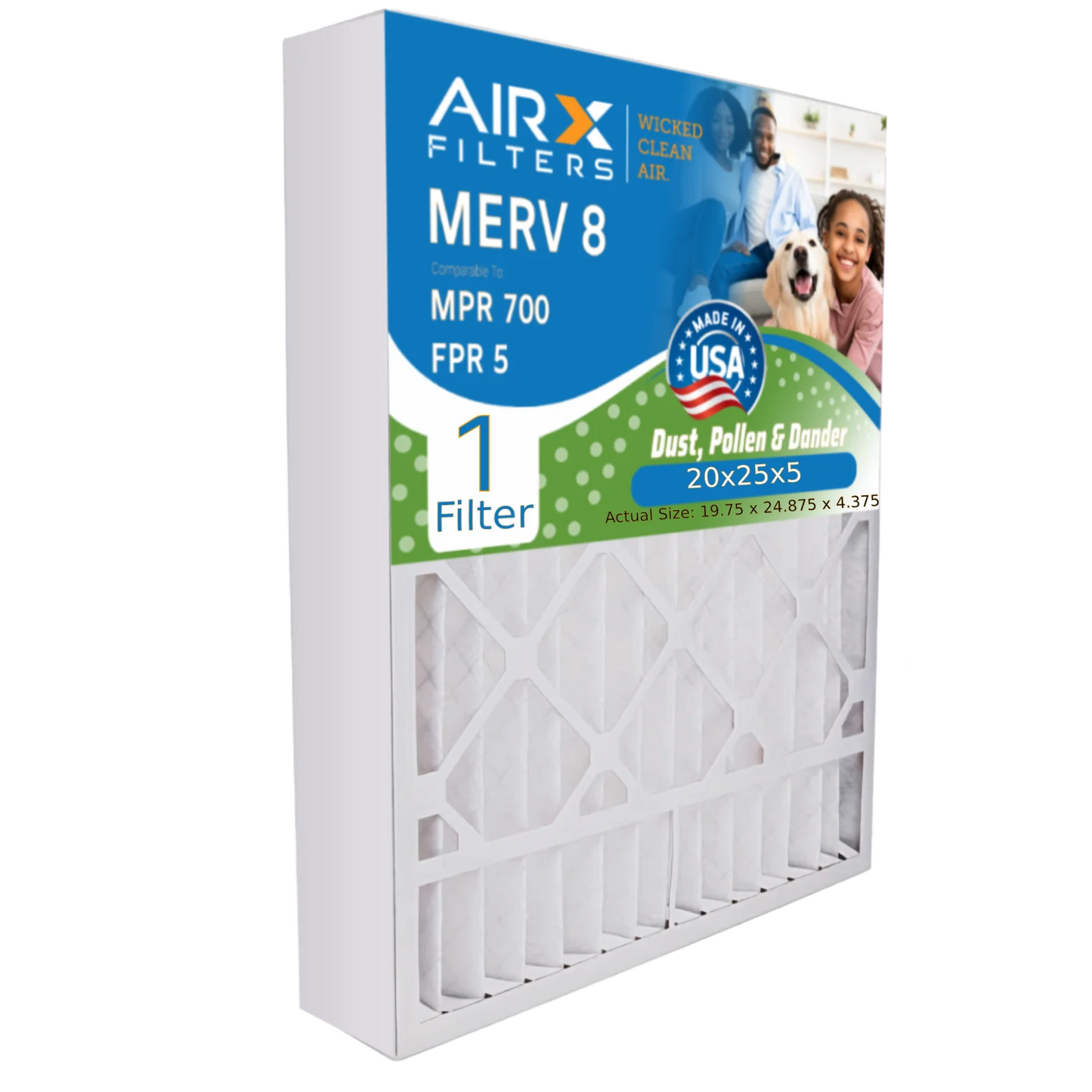 20x25x5 Air Filter MERV 8 Comparable to MPR 700 & FPR 5 with Honeywell FC100A1037 Premium USA Made 20x25x5 Furnace Filter 1 Single Filter by AIRX FILTERS WICKED CLEAN AIR.