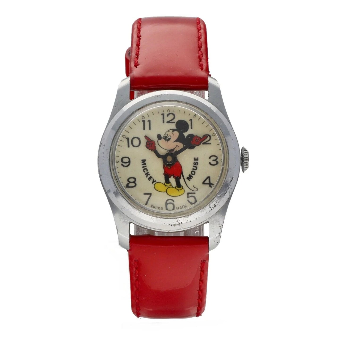 Vintage Mickey Mouse 29mm Base Metal Red Leather Swiss Manual Wind Women&#039;s Watch