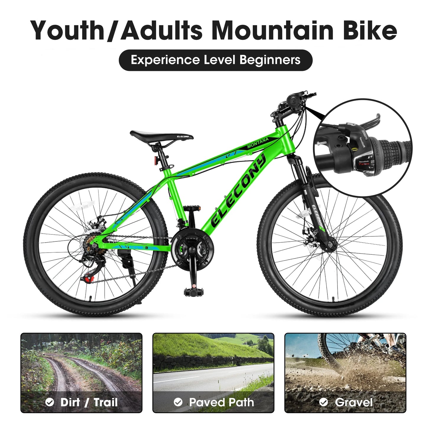 A24299 Rycheer Elecony 24 inch Mountain Bike Bicycle Adults Aluminium Frame Bike Shimano 21-Speed with Disc Brake