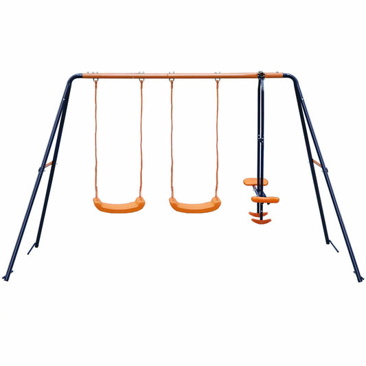 ZENSTYLE Double Metal Swing Set W/ 2 Saucer Swing Seats, 1 Seesaw Outdoor, Backyard - Kids Toddler Toy, All