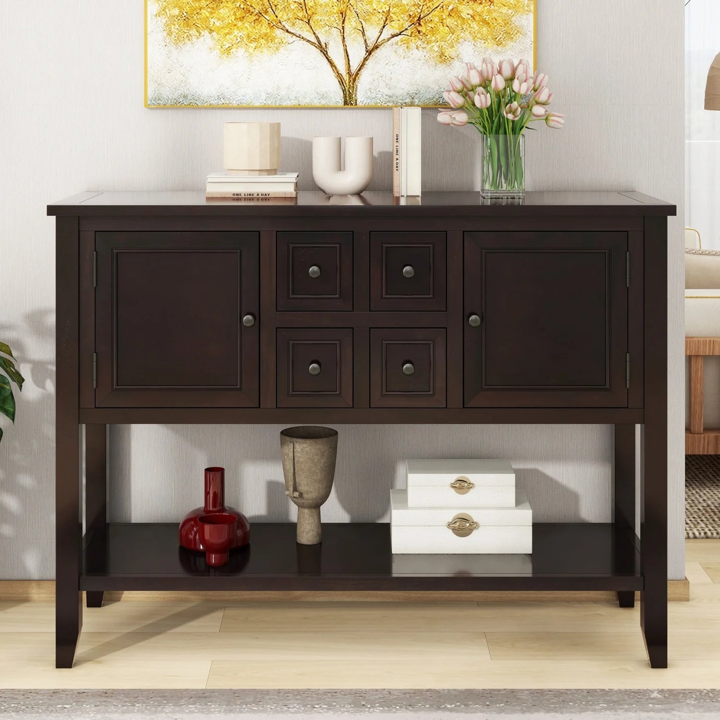 TREXM Cambridge Series Ample Storage Vintage Console Table with Four Small Drawers and Bottom Shelf Living Rooms Entrances and Kitchens (White OLD SKU WF190263AAA)