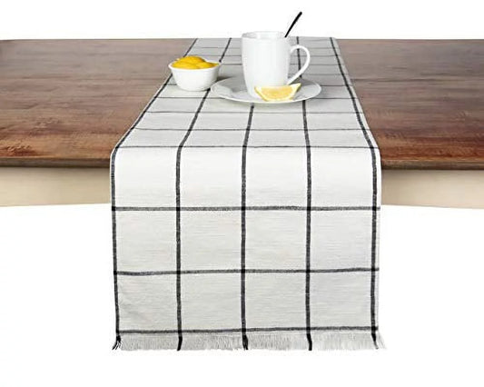 Sticky Toffee Table Runner Cotton Farmhouse Plaid 14 in x 72 in, Table Décor Kitchen or Dining, Cream Cloth Woven Table Runners