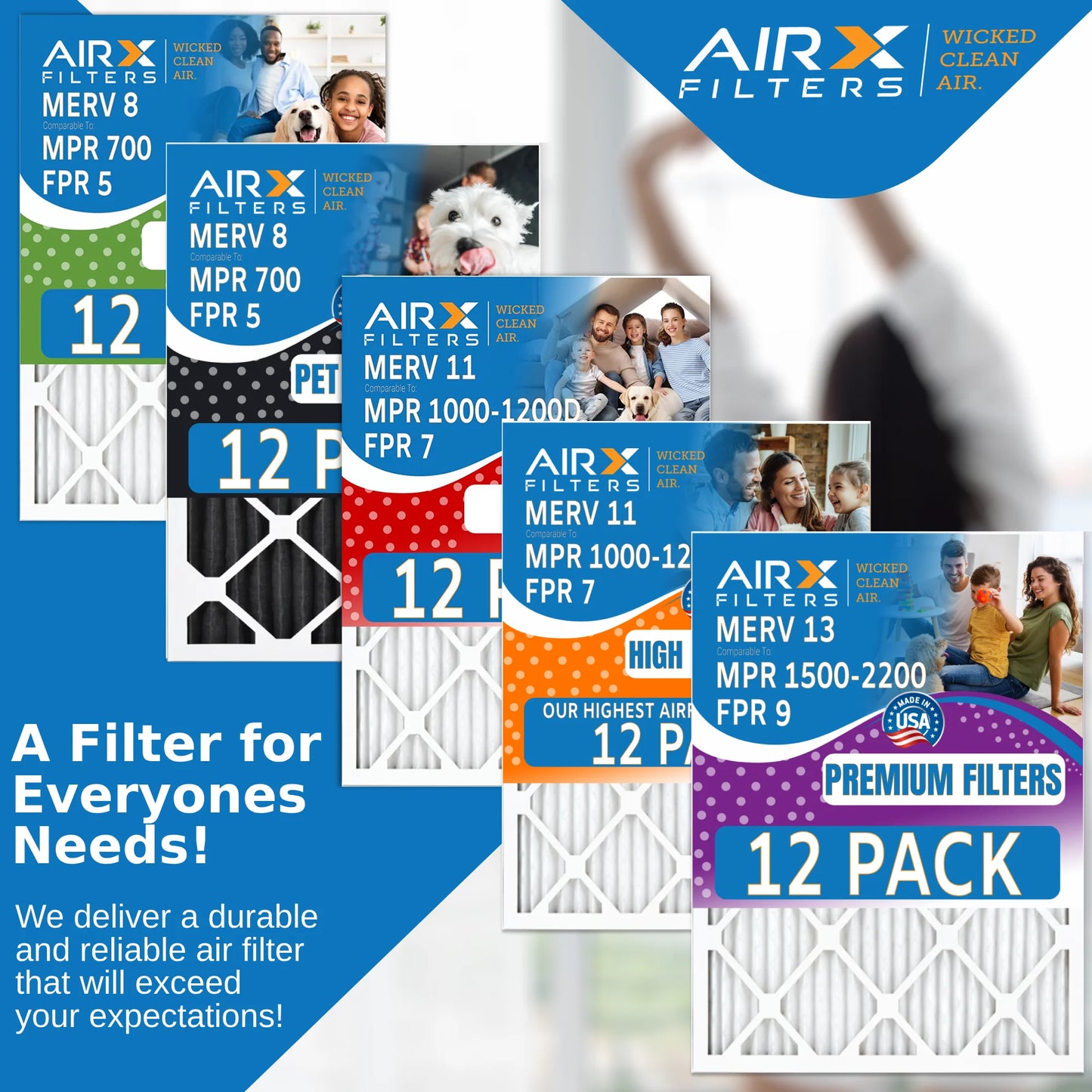 15x20x1 Air Filter MERV 13 Rating, 12 Pack of Furnace Filters Comparable to MPR 1500 - 2200 & FPR 9 - Made in USA by AIRX FILTERS WICKED CLEAN AIR.