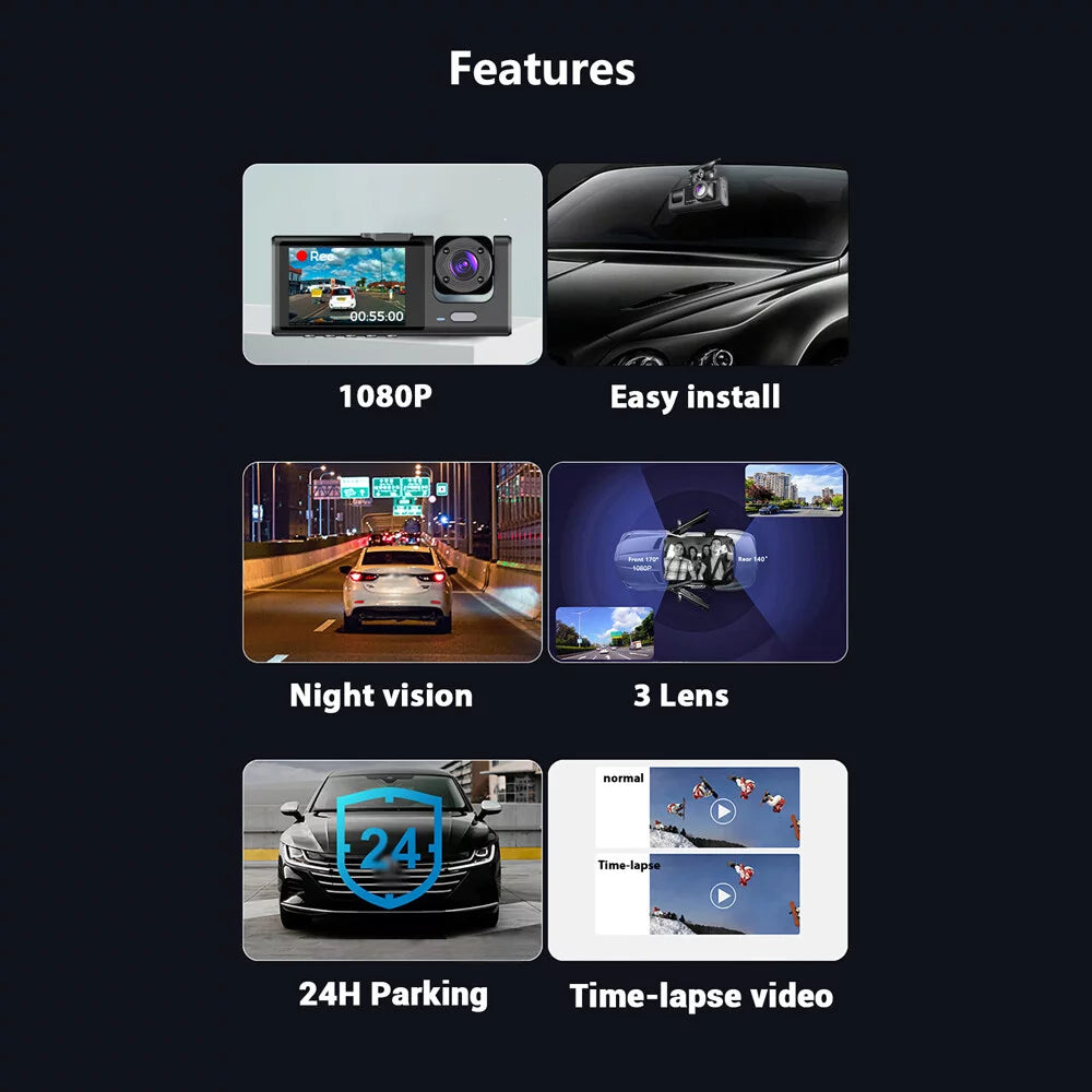 1080P DVR Dash Camera Front & Inside & Rear Camera Driving Recorder 2 Inch Screen Dashcam Support Night-Vision Loop Recording One-Key Lock WiFi version