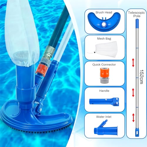 Upgraded Handheld Portable Pool Vacuum Cleaner with Pool Skimmer Net, 4 Section Poles of 60", Handheld Pool Vacuum Jet Cleaner Attaches to Garden Hose Above Ground Pool Spa Pond Fountains