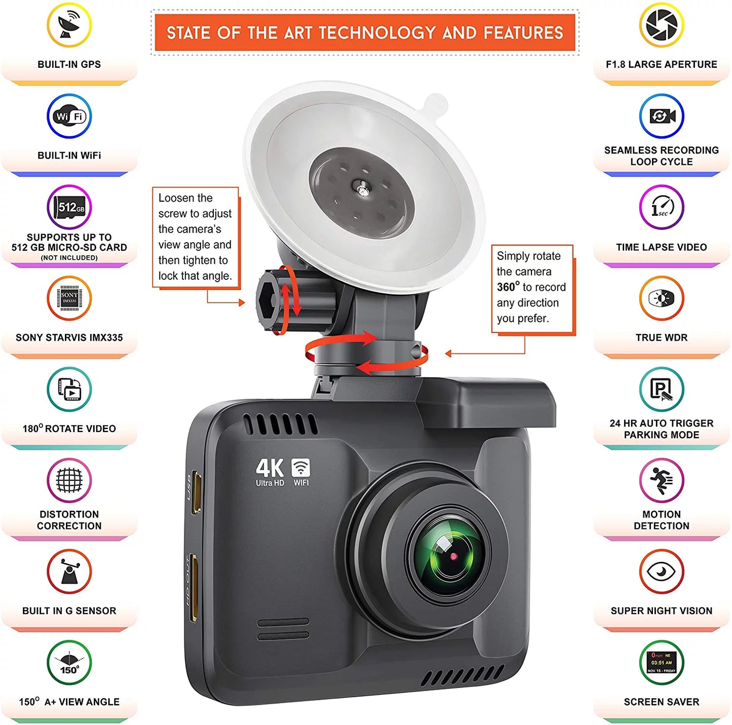 4K Dash Cam Built in WiFi GPS Car Dashboard Camera Recorder with UHD 2160P, 2.4" LCD, 150° Wide Angle, WDR, Night Vision