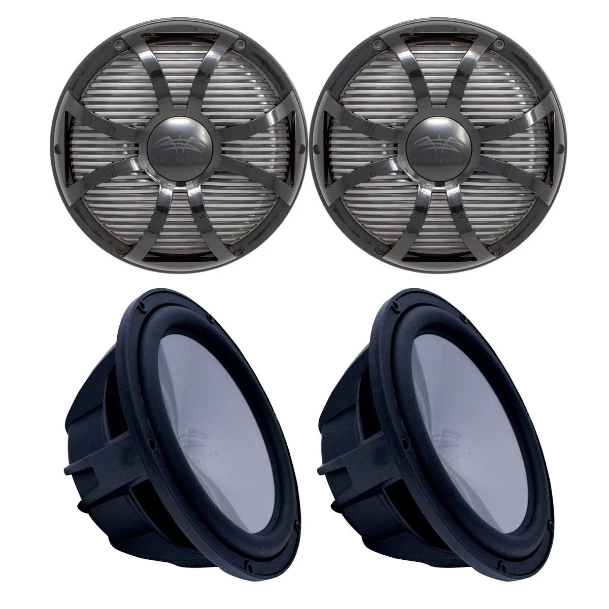 Two Wet Sounds Revo 10" Subwoofers & Grills - Black Subwoofers & Black Closed Face SW Grills - 4 Ohm