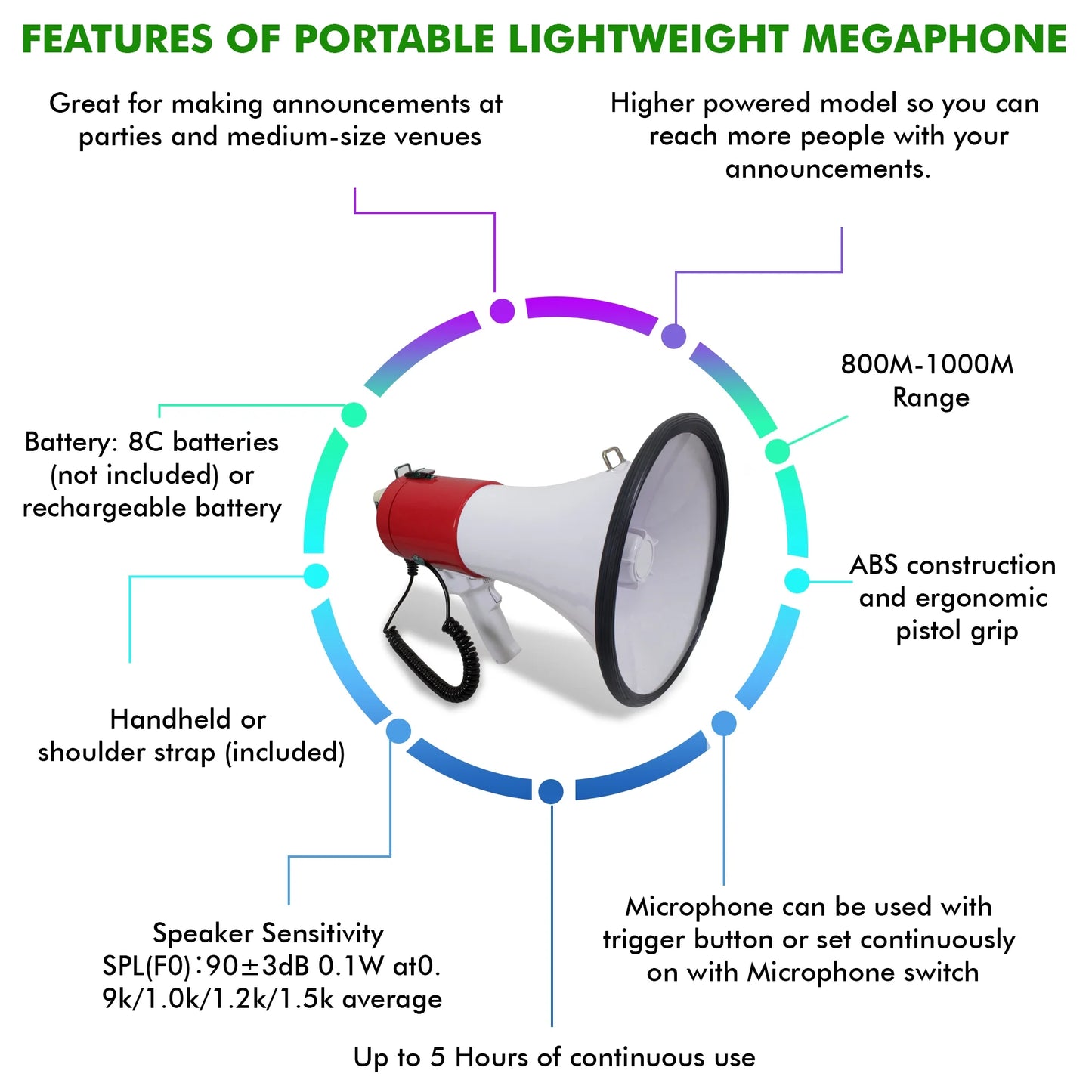 Technical Pro Portable 40 Watts 800M-1000M Range Megaphone Bullhorn With Strap Siren Volume Control Trainers