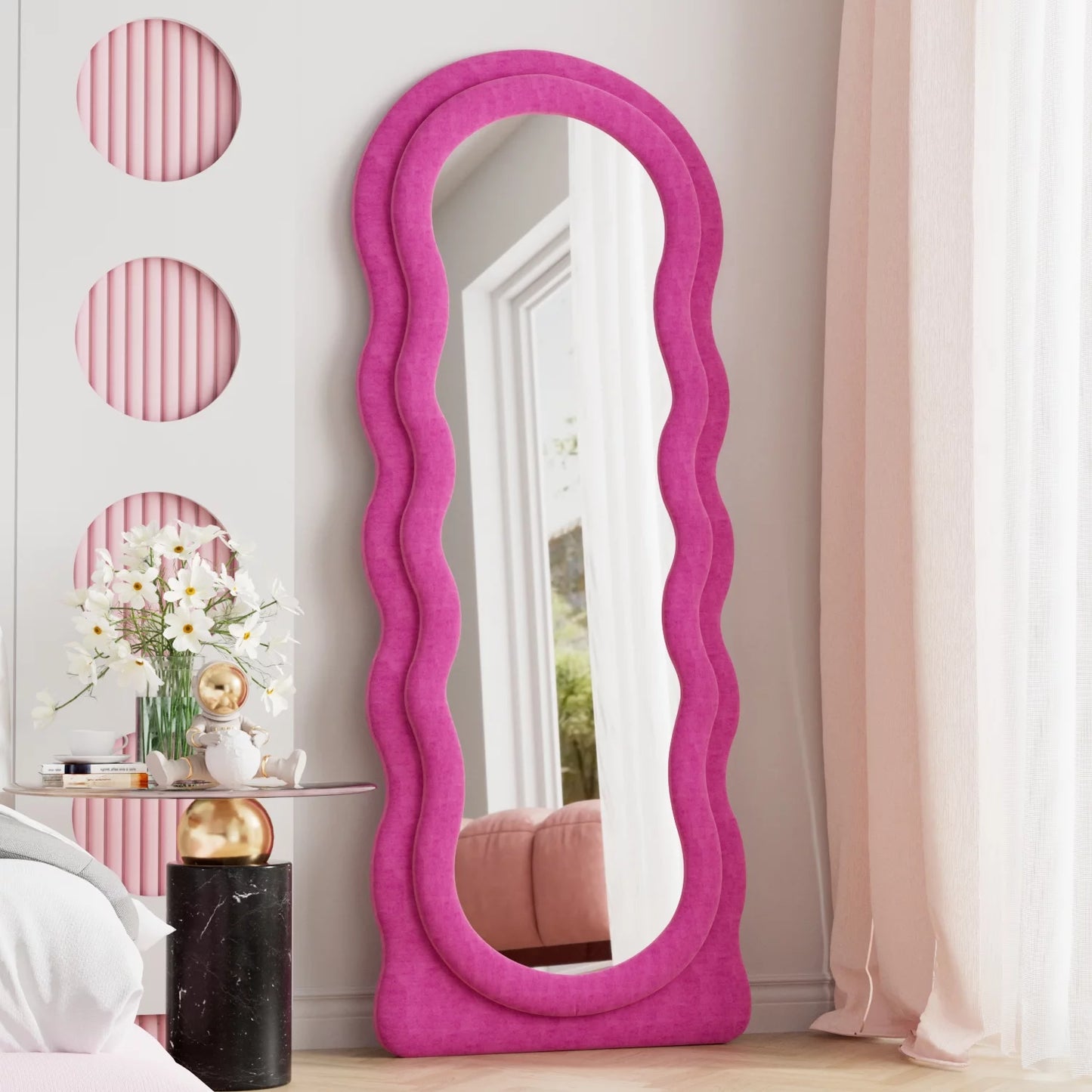 VLUSH Wavy Full Length Mirror, Freestanding Floor Mirror with Stand, 63"x24" Wall Mounted Mirror Bedroom (Pink)