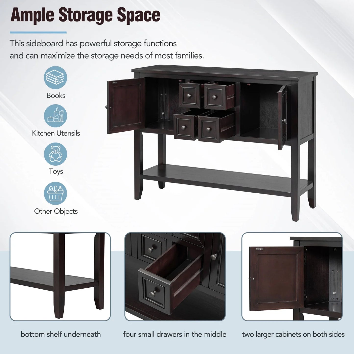 TREXM Cambridge Series Ample Storage Vintage Console Table with Four Small Drawers and Bottom Shelf Living Rooms Entrances and Kitchens (White OLD SKU WF190263AAA)