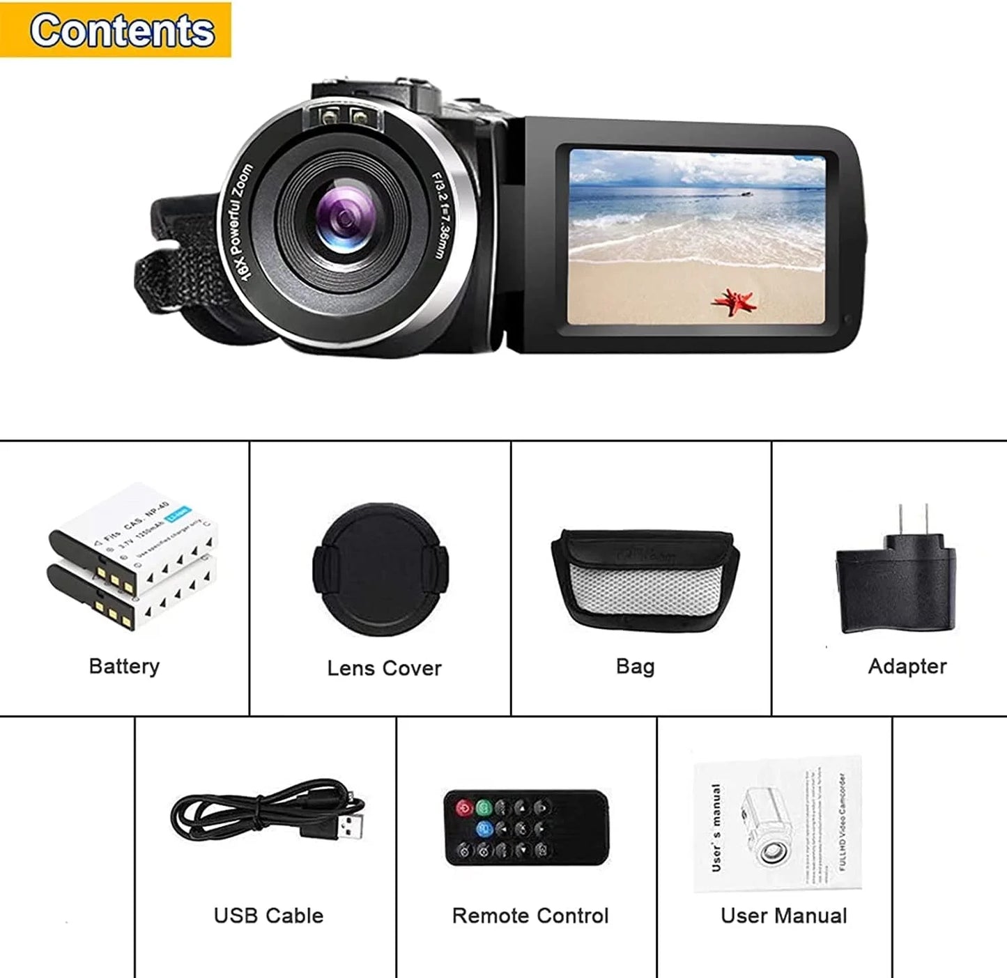 Video Camera Camcorder Full HD 1080P 30FPS 24.0 MP IR Night Vision Vlogging Camera Recorder 3.0 Inch IPS Screen 16X Zoom Camcorders Camera Remote Control with 2 Batteries