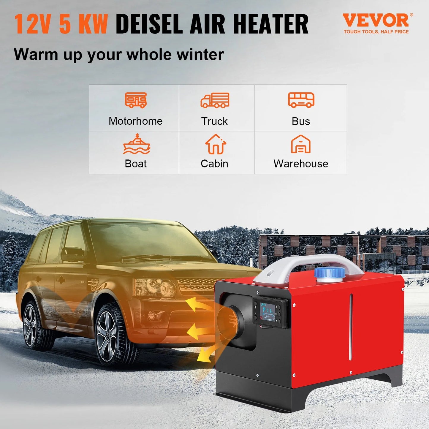 VEVOR Diesel Air Heater, 5KW 12V Parking Heater, Mini Truck Heater, Single Outlet Hole, with Black LCD, Remote Control, Fast Heating Diesel Heater, For RV Truck, Vessel Bus, Car Trailer, Motorhomes