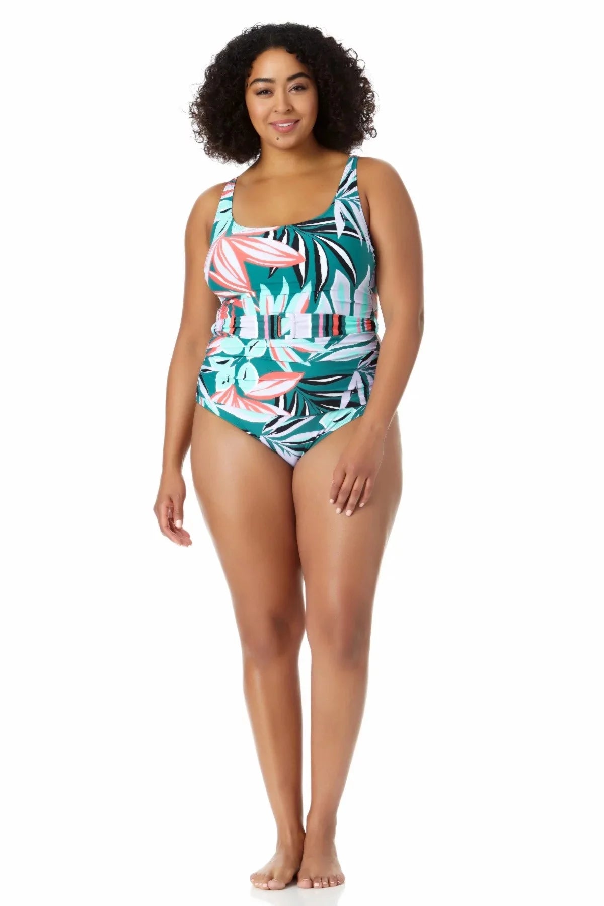 Anne Cole Women's Zesty Tropical Belted Scoop Neck One Piece Swimsuit Multi Size 16W