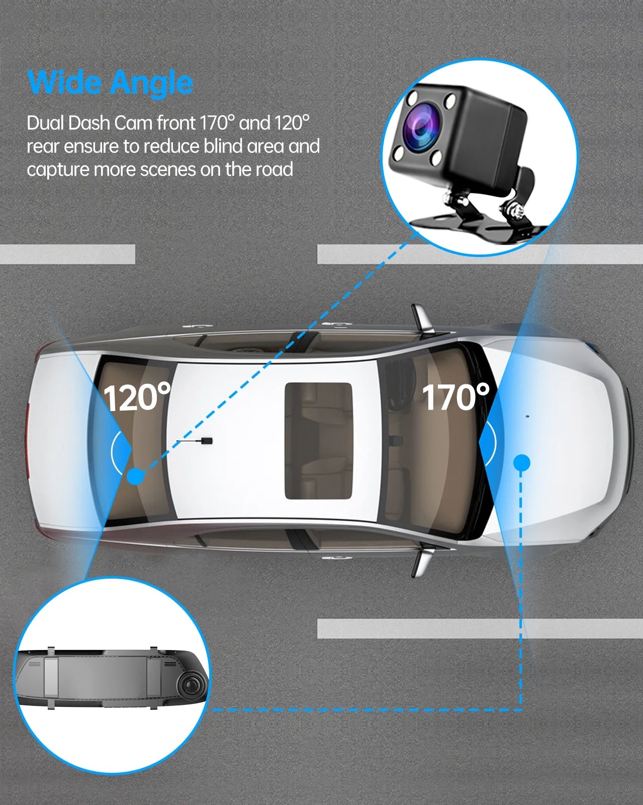 TOGUARD 720P Dual Dash Camera Front and Rearm, 4.3" Full Touch Screen, Rear View Mirror Camera, Night Vision, Parking Assist, Loop Recording, G-Sensor