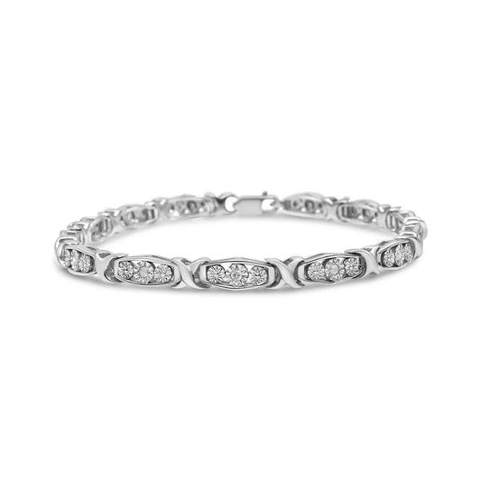 .925 Sterling Silver 1/10 Cttw Diamond Miracle Set 3 Stone Link Bracelet (I-J Color, I2-I3 Grade - 7.25" Inches